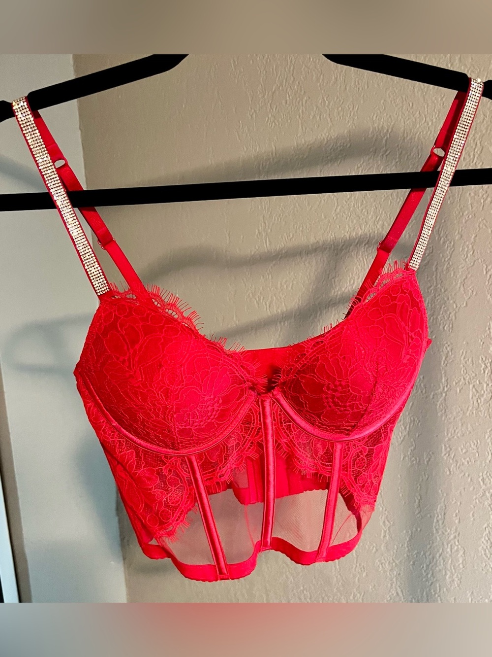 Victoria's Secret Red Lace Longline Bustier Bra with Rhinestone Straps